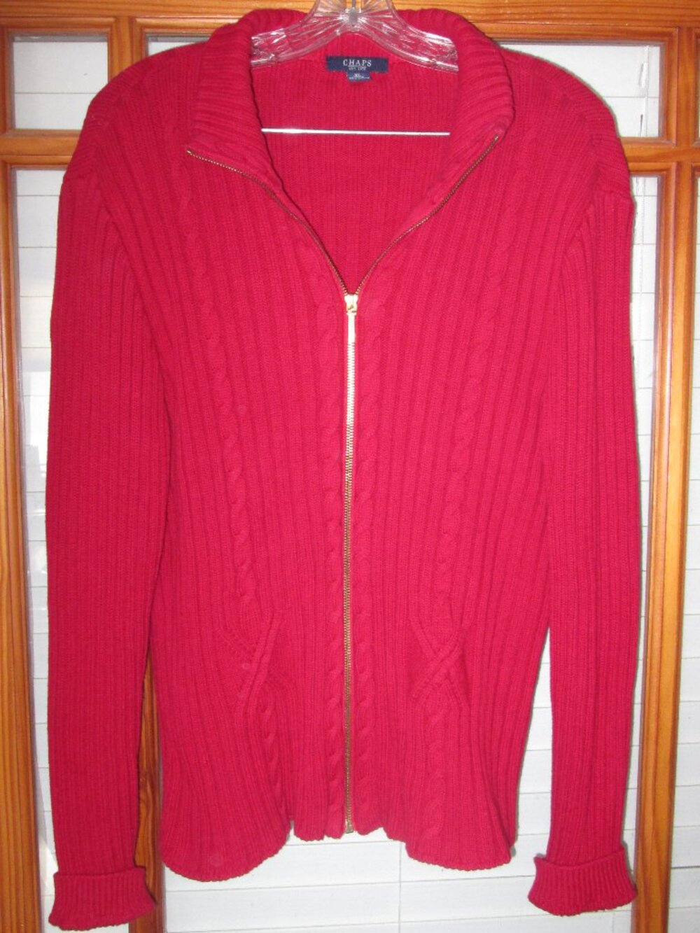 Chaps Zip Up Sweater Men's XL Red Cable Knit Mock Neck 100% Cotton